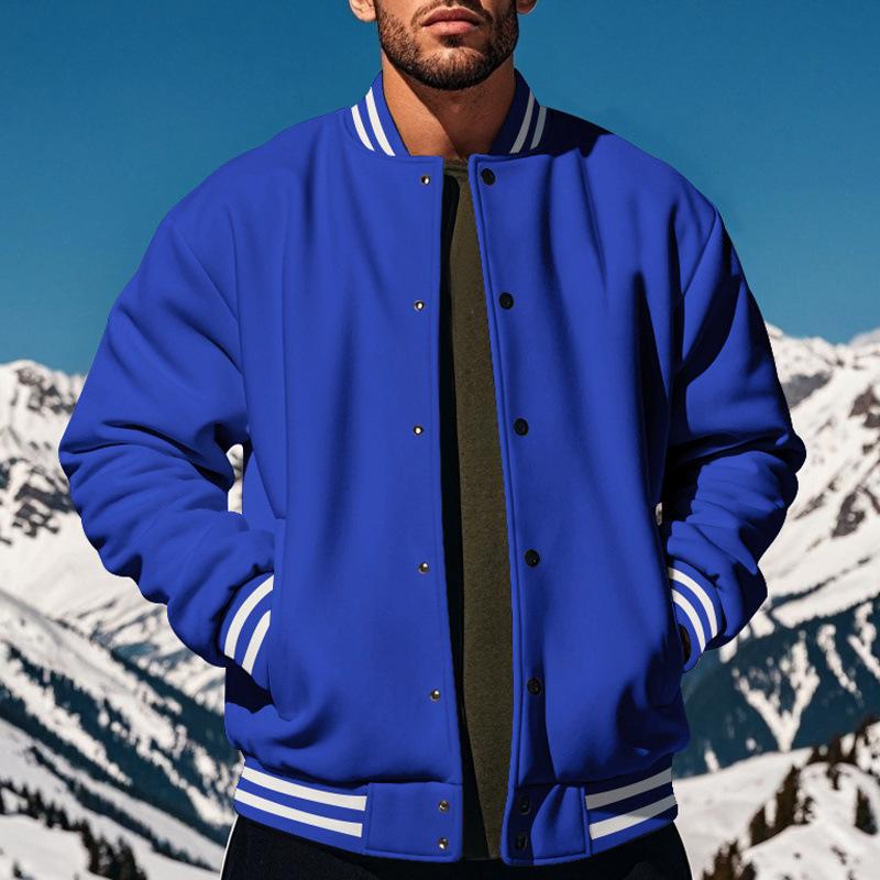 Men's American Style Stand Collar Baseball Jacket & Long Pants Set, Fleece Lined Loose Casual Sports Outfit for Autumn Winter