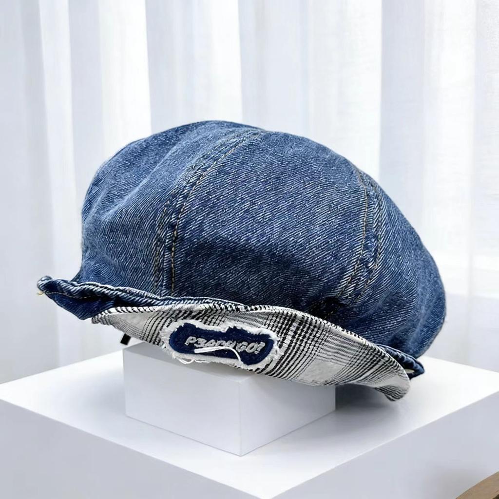New denim cloud beret female cute big head circumference newsboy hat showing face small cloud octagonal painter hat