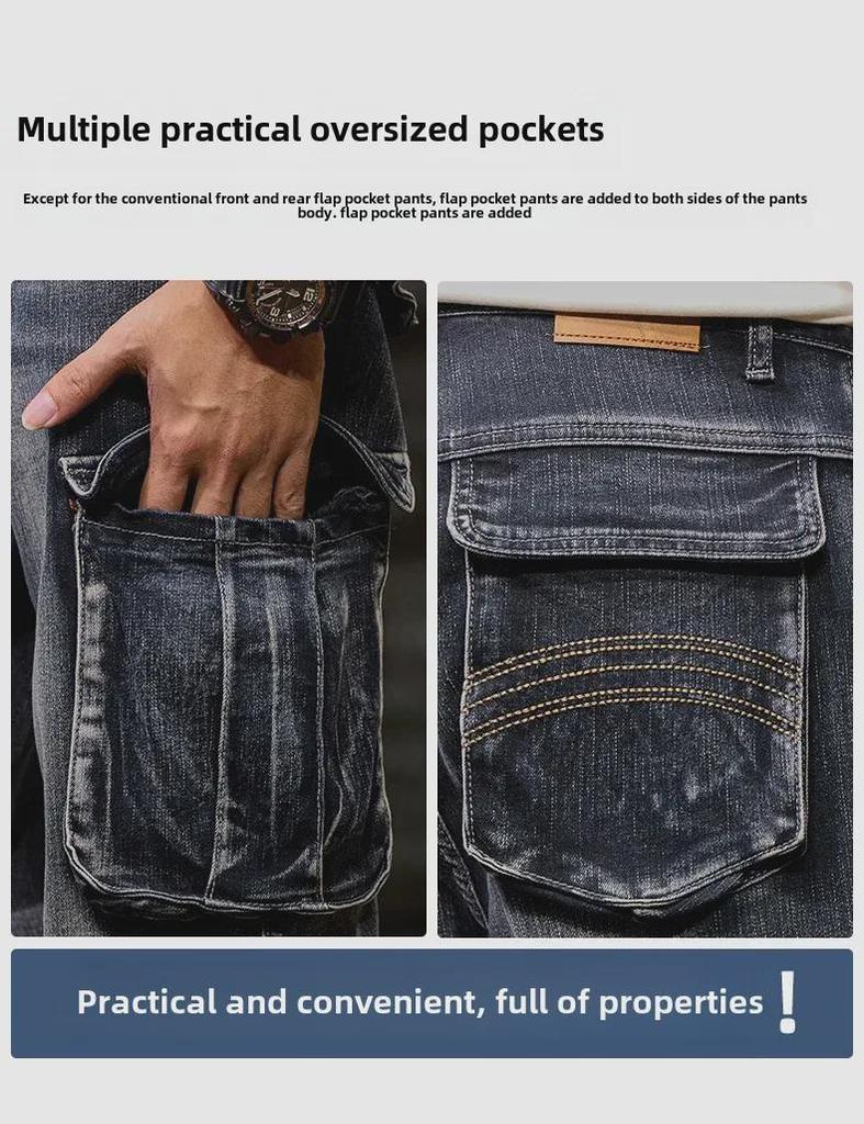 Мужские джинсы широкого кроя с множеством карманов для работы — свободные, износостойкие, эластичные, большого размера, на осень/зиму 2024 г.