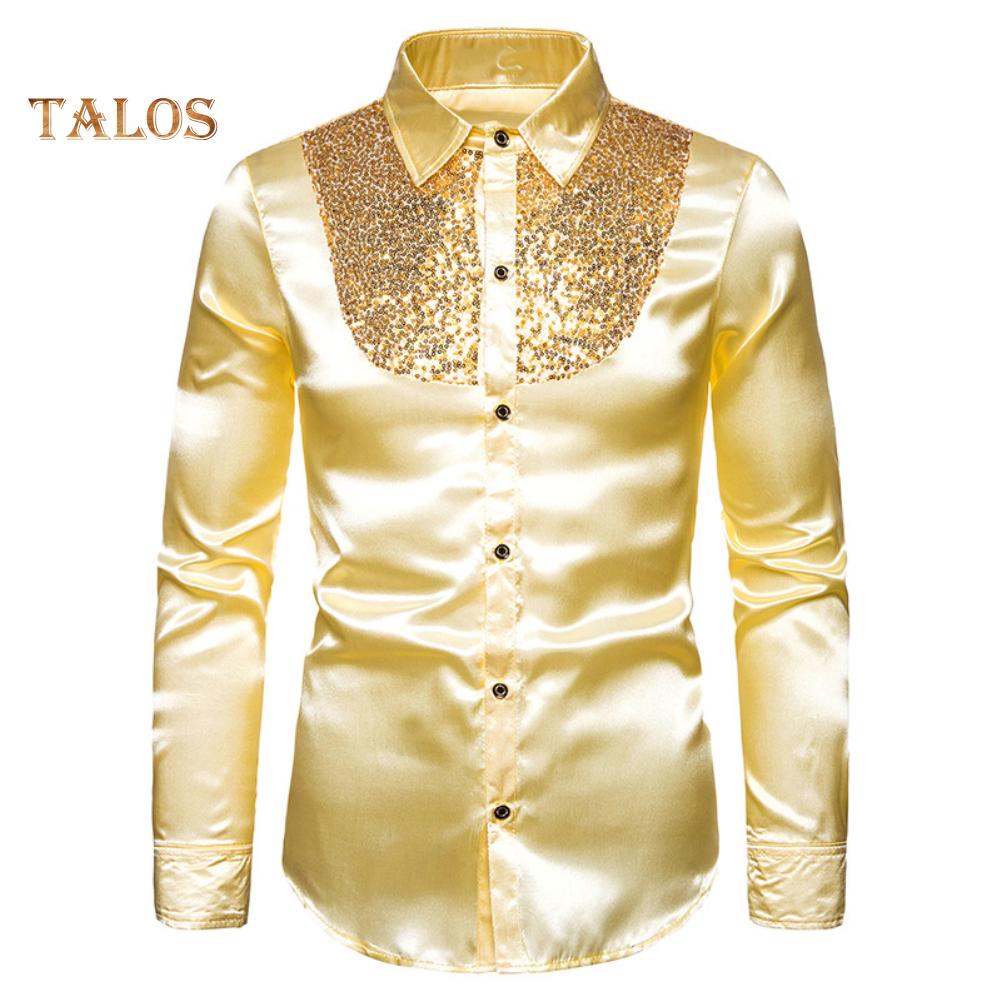 Men Solid Color Long Sleeve Shiny Sequins Buttons Stage Business Nightchlub Shirt