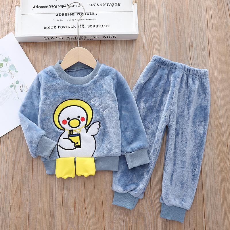 Children's Autumn and Winter Pajamas with Cartoon Bear Flannel Set of Home Clothes