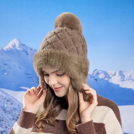 Женская зимняя шапка с ушами, толстая плюшевая шапка с помпоном, защищающая уши, трикотажная, сохраняющая тепло, эластичная, для холодной погоды, уличный головной убор