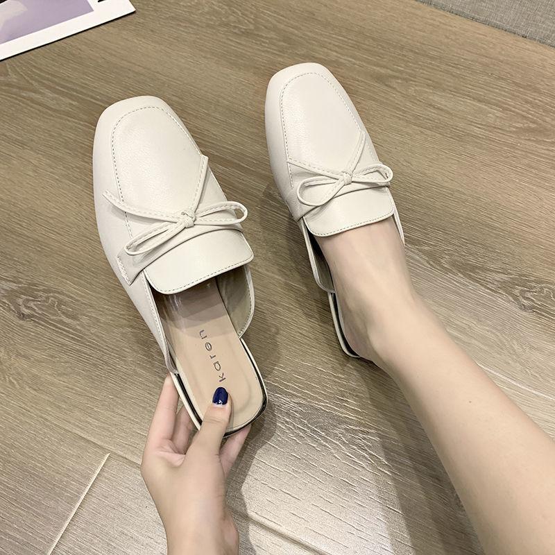 Модная обувь для женщин, мюли, женские тапочки, черные шлепанцы, сандалии с бантом, низкий каблук, натуральная кожа, распродажа 2024 года, тренд 39
