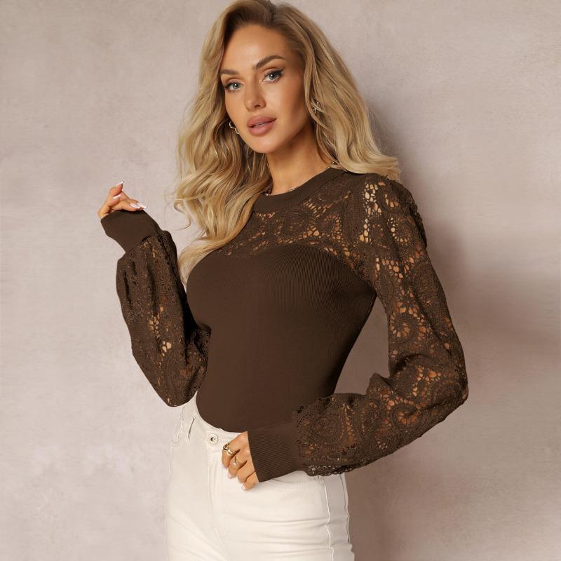 Весенние кружевные рубашки с длинным рукавом, женские, однотонные, с круглым вырезом, винтажные, элегантные, облегающие, повседневные, блузки для женщин, модные, простые, женские, рубашки, топы 26459