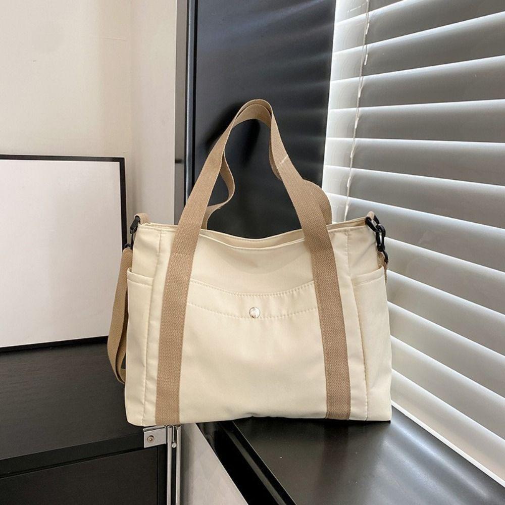 Practical Solid Color Multi Pocket Tote Bag Large Capacity Simple Nylon Crossbody Bag Lightweight Canvas Tote Bag Work