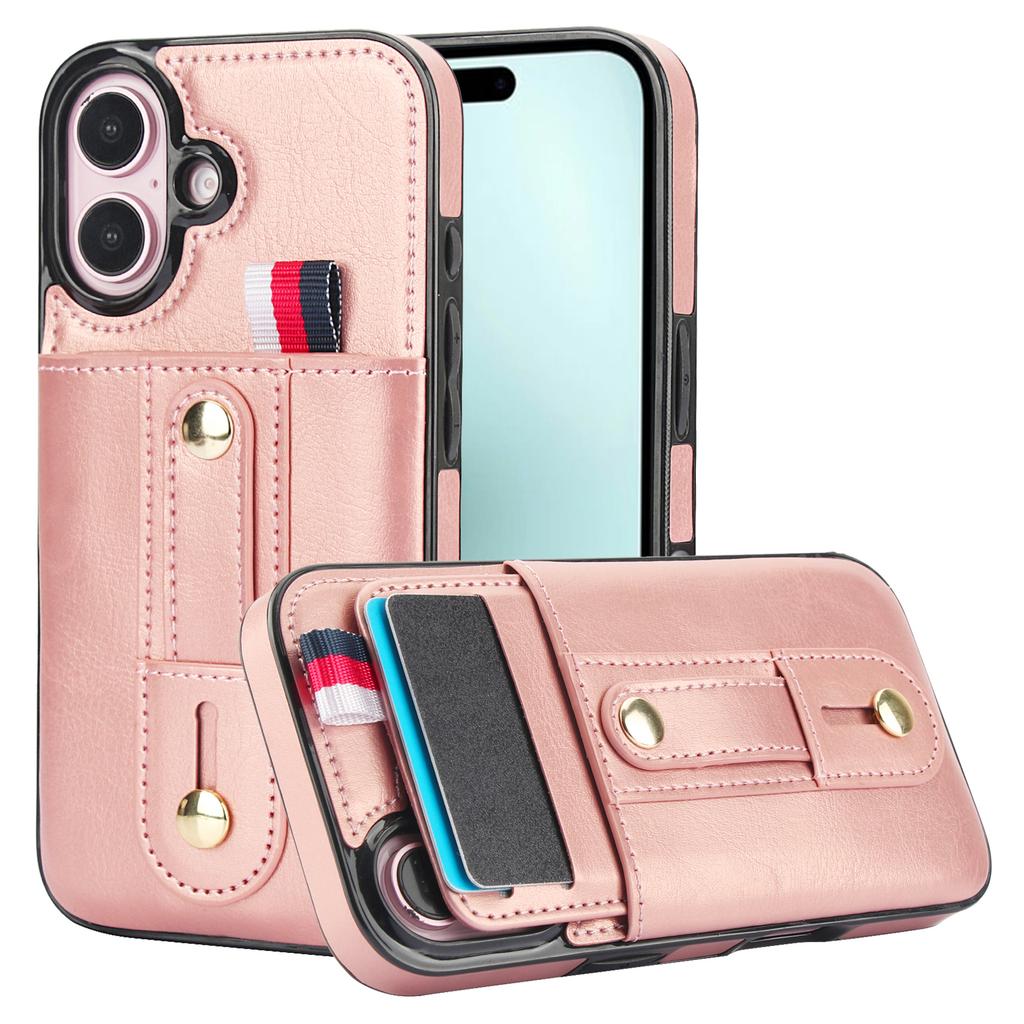For iPhone 16 Case PU Leather+TPU Hidden Card Holder Drop-proof Phone Cover with Kickstand
