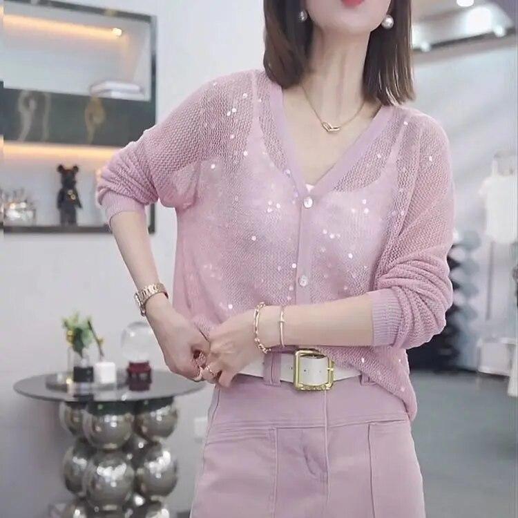 Вязаный свитер с полым V-образным вырезом и ленивыми пайетками, свободный и тонкий летний защитный чехол для кондиционирования воздуха, длинные рукава.