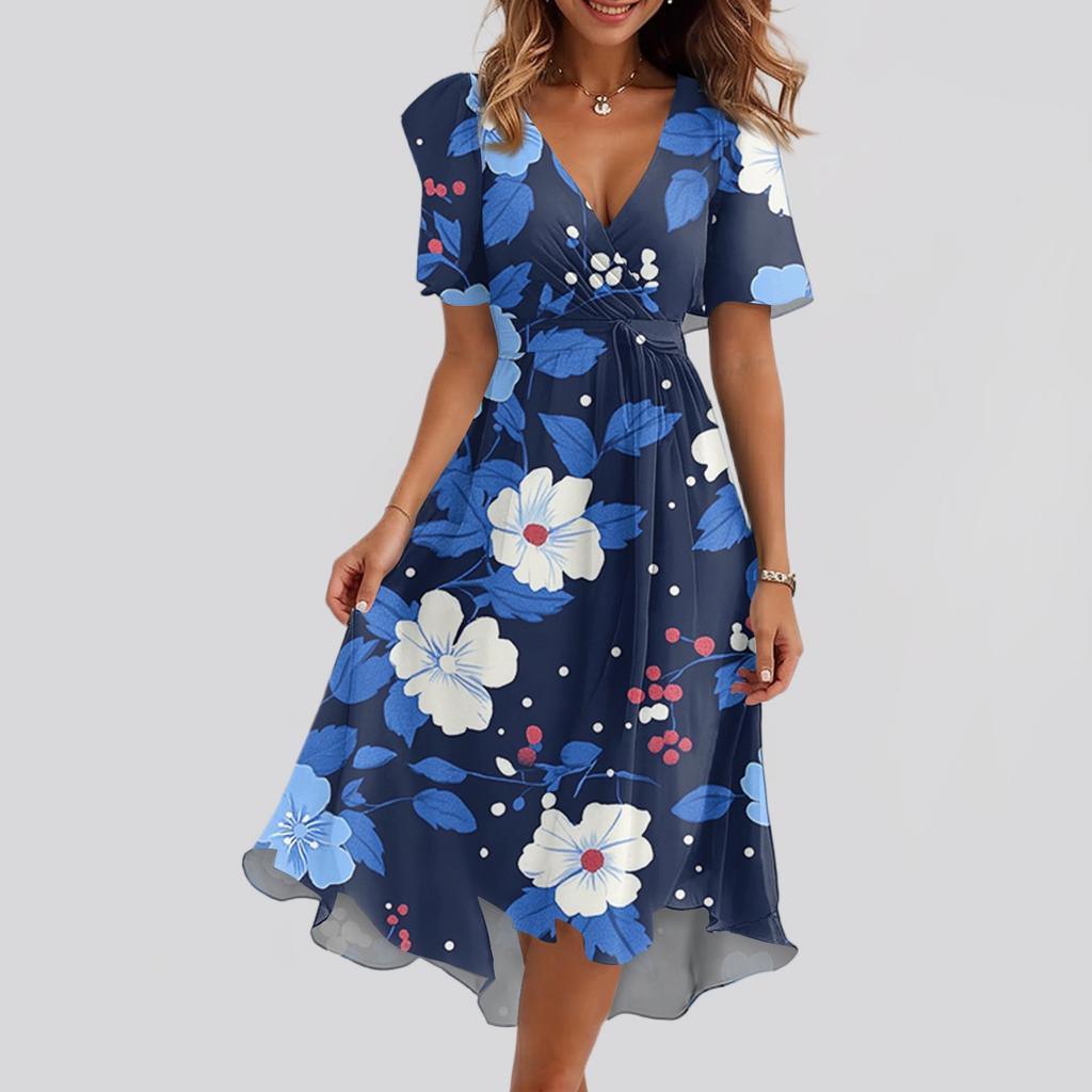 Женское свободное повседневное платье с V-образным вырезом, расклешенная юбка, короткие рукава, напечатанное платье с принтом