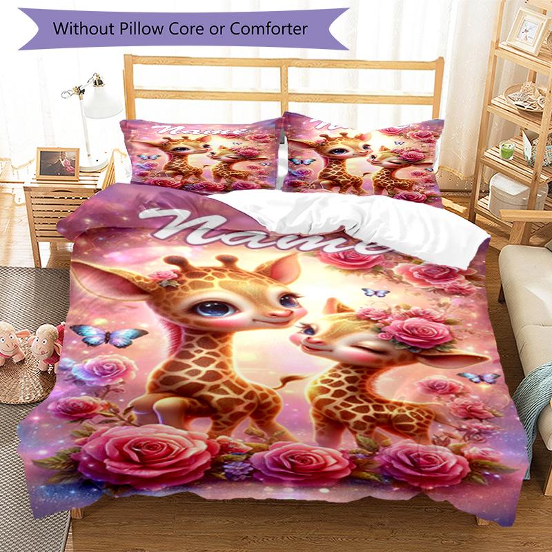 3pcs Custom Name Giraffe Bedding Set Duvet Cover Closure Includes 1 Duvet Cover & 2 Pillowcases, Soft and Comfortable for All Seasons.