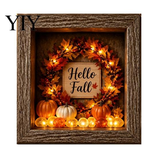 Wood Glass Picture Frame Halloween Shadow Box DIY Lighted Craft Kit, Wooden Night Light with Decorative Display Sea Stones, Gothic LED Memory Case for