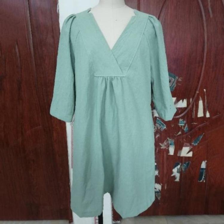 Summer Casual Women Linen Cotton Dress V Neck Short Sleeve Sundress with Pockets A Line Swing Beach Vacation Dress