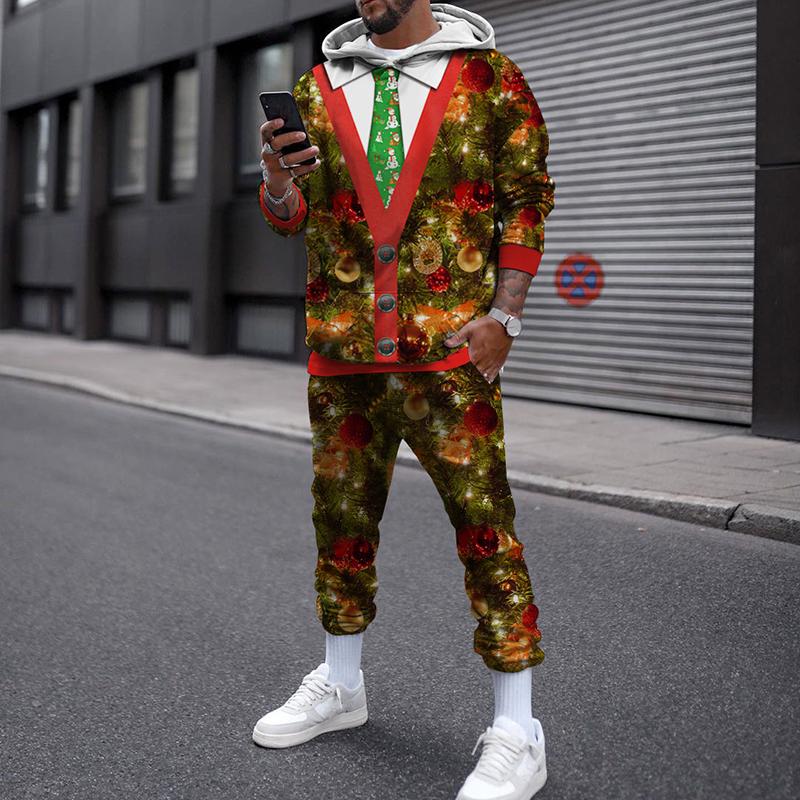 Зимний рождественский комплект с капюшоном для мужчин и женщин, уличная одежда, повседневный пуловер, свободный спортивный костюм для бега, толстовки с 3D принтом + длинные брюки