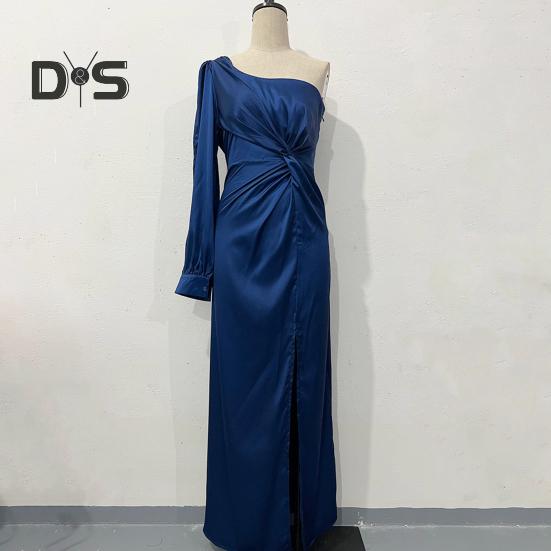 Женское вечернее платье на одно плечо с открытым рукавом, разрезом по низу, однотонное, с тонкой талией, плиссированное, с узлом, однотонное, коктейльное, вечернее платье макси