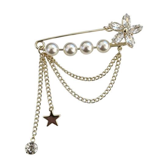 jijijing Brooch Pin for Women, Lapel with Star Rhinestone Faux Pearl Tassel Design, Multi-Layered Pendant Badge Neckline Cardigan Coat Decoration