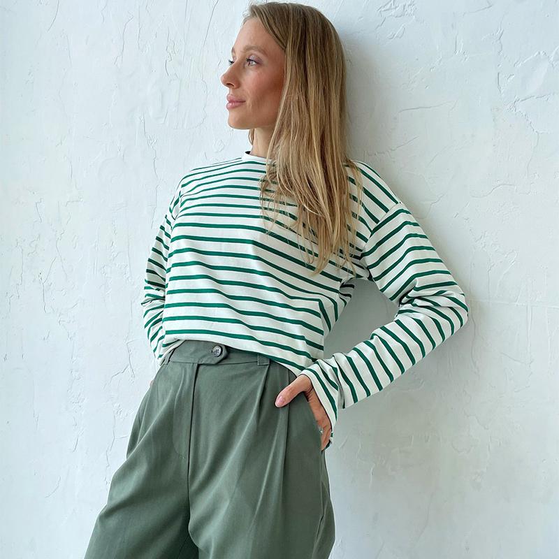 Уютные свободные футболки с длинным рукавом в полоску для женщин, осенние базовые повседневные хлопковые топы с круглым вырезом, блузка в уличном стиле