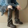 Модная женская обувь 2024 года, горячая распродажа, женские сапоги с боковой молнией, модные металлические украшения, современные сапоги, женские новые сапоги до колен с круглым носком