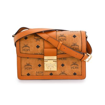 Tracy Classic Signature Застежка-замок с листом лавра Старый цветочный узор Покрытие из холста Кожаная отделка Сумка-мессенджер Маленькая Женская Коньячный цвет