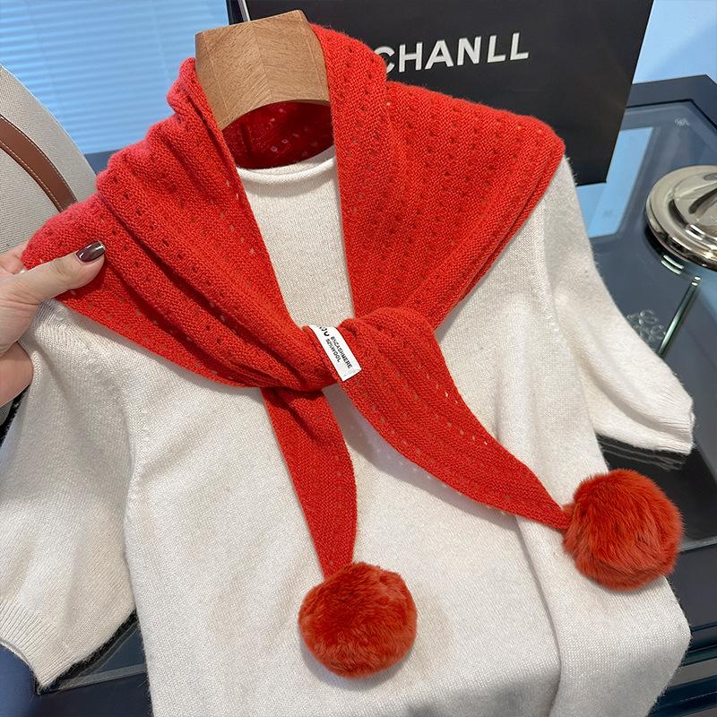 British Korean Triangle Scarf With Ball Niche 100% Wool Scarf Women Headscarf Knitted Scarf Multi-functional Warm Winter Scarf