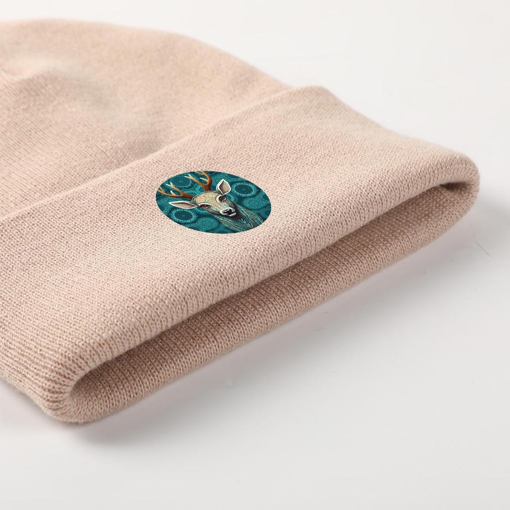 Mystery Elk Print Knit Hat Beanie, Green Animal Skull Cap Cozy Lightweight Unisex Pompom Beanies Knitted Cap Beanie