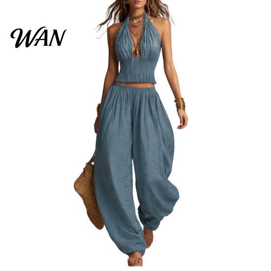 V-neck Women Top Women's Halter Sleeveless Summer 2 Piece Sets, Pleated Ruffle Backless Simple Clothing Set V Neck And Wide Leg Pants Matching Outfits