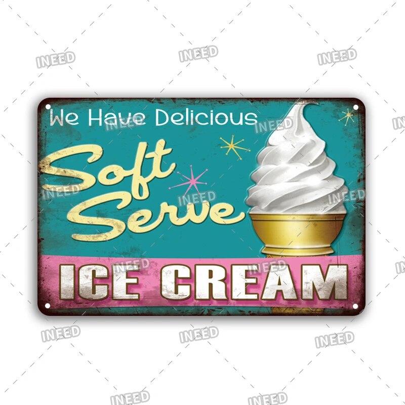 Tin Sign FastFood Pizza Hot Dog Hamburgers Ice Cream Fries Pop Corn Metal Vintage Plaque Metal Retro Plate Kitchen Wall Decor