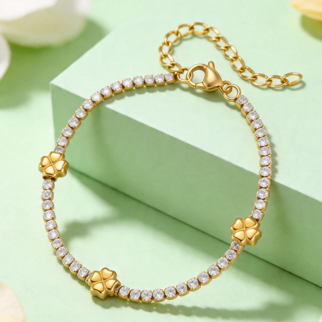 Delicate Tennis Chain Flower Bracelet for Women, Stainless Steel Four-Leaf Clover Zircon Bracelets,Trendy Charm Jewelry Gift