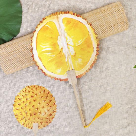 Fruit Print Fan with Wooden Long Handle Portable Lightweight Outdoor Travel Camping Picnic Summer Handheld Round Paper Fan