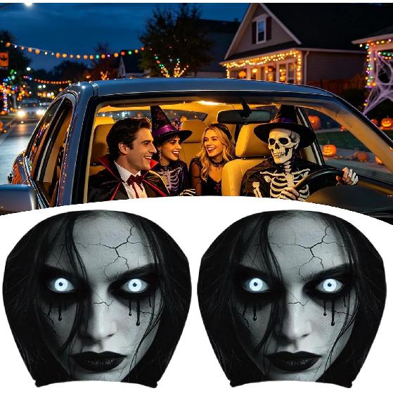 2PCS Ghost Headrest Covers for Car, 26x28cm Scary Face Printing | Auto Seat Cover, Breathable Polyester Spooky Ghost Face Auto Seat Protector,