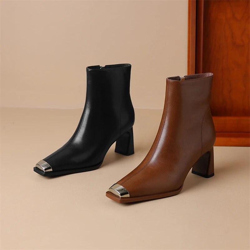 Meotina Женские ботильоны из натуральной кожи, шерстяные короткие сапоги на толстом высоком каблуке с квадратным носком, шерстяные короткие ботинки на молнии, женская обувь, зимняя обувь