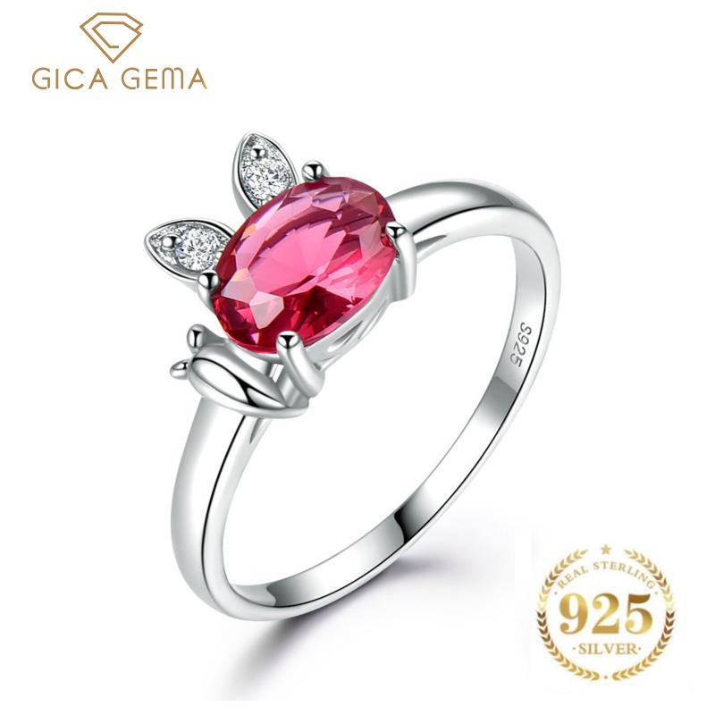 Gica Gema Created Ruby Genuine 925 Sterling Silver Ring For Women Red Gemstone Engagement Vintage Wedding Bands Cute Rabbit Jewelry