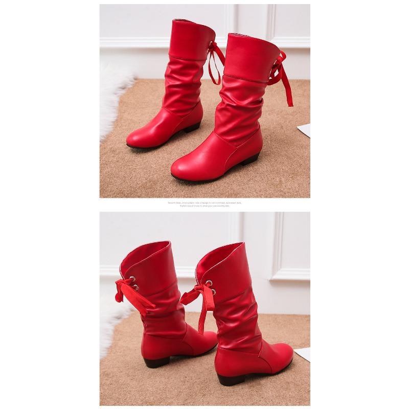Осенние и зимние сапоги большого размера, рыцарские сапоги, низкие каблуки, закругленные носки, теплые женские сапоги со средним голенищем и ремешком сзади