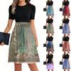 Women's Fashionable Casual Belt Short Sleeved Round Neck Printed Patchwork Dress