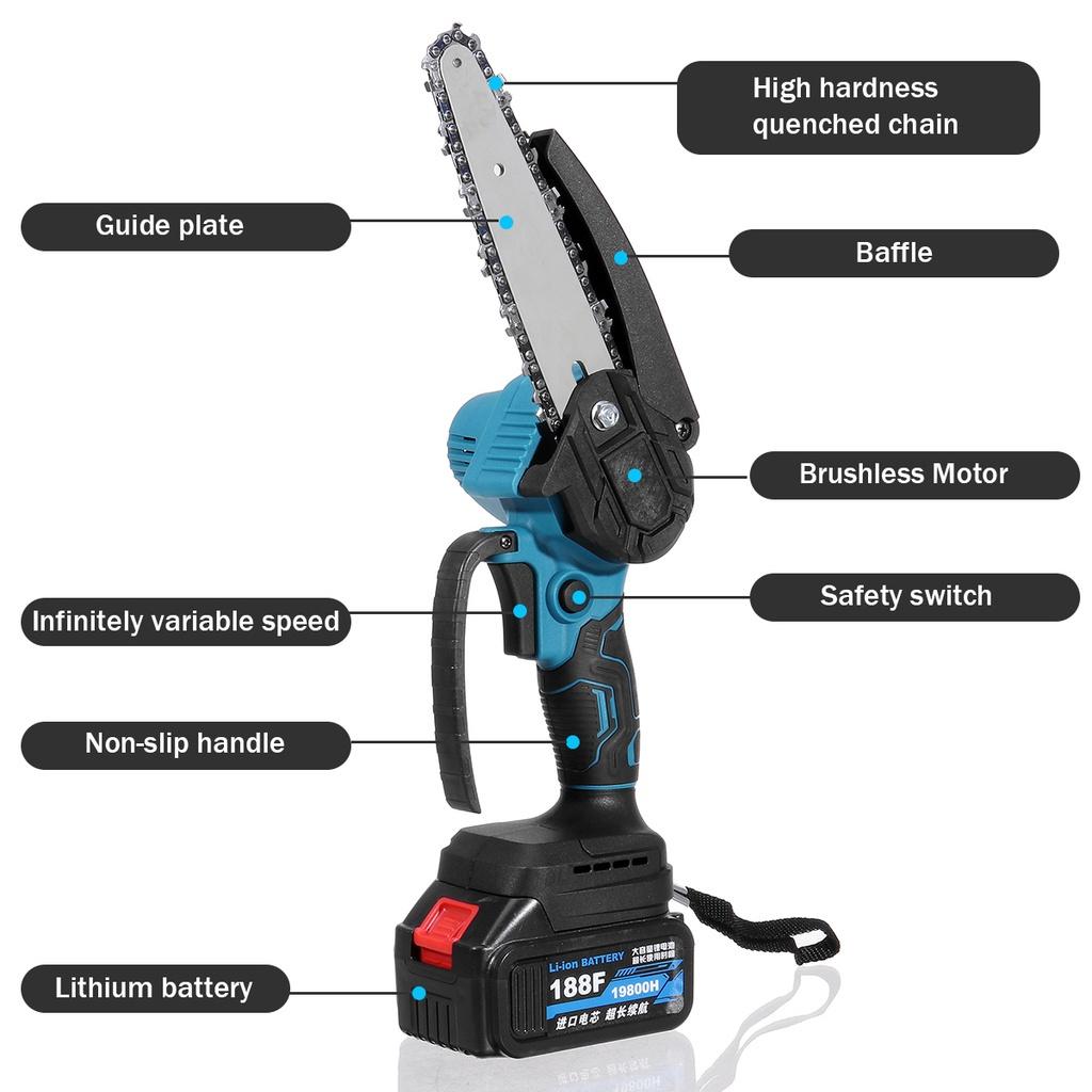 6 Inch Mini Electric Chain Saw Cordless Woodworking Pruning Chainsaw Brushless Garden Tool with 19800H Battery