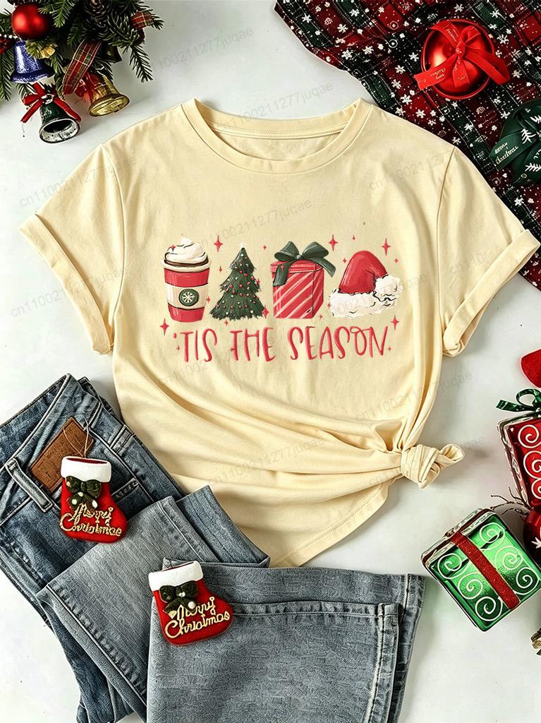 Tis The Season Christmas Graphic T‑Shirt Women Men Xmas Coffee Tree Gift Santa Hat Print Short Sleeve Casual Holiday Camisetas