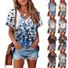 Футболки для женщин, плиссированные, с V-образным вырезом, нарядные, повседневные блузки с принтом, короткие рукава, летние топы, свободный крой