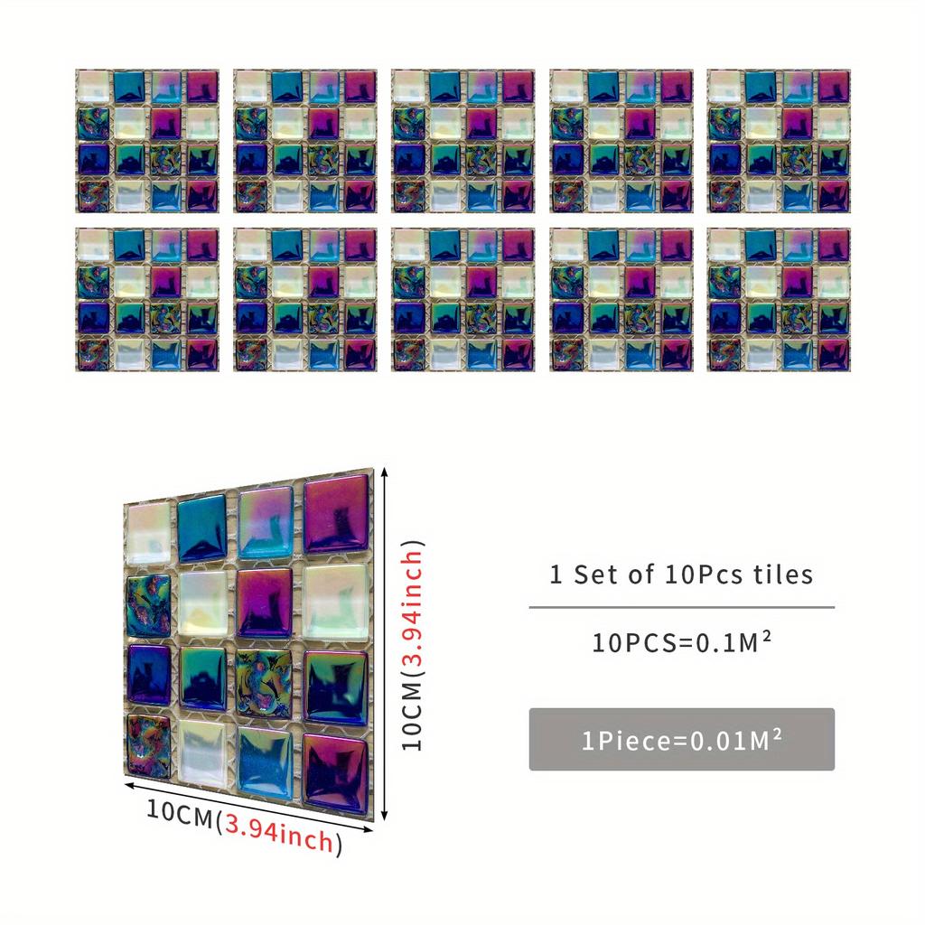 10pcs Mosaic Tile Sticker Waterproof Self-Adhesive Wall Decor for Kitchen & Bathroom - Oil Proof Wall Sticker