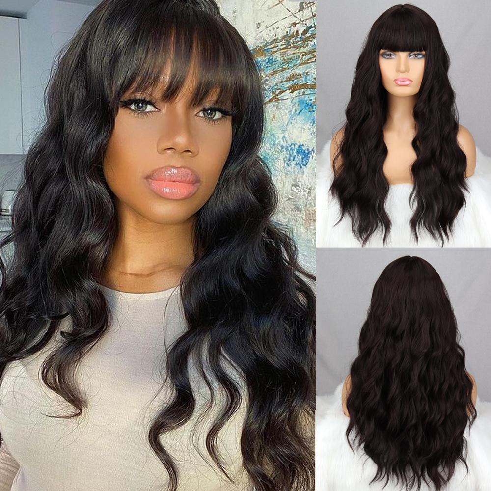 MISS WIG Grey Wig Long Wavy Wig with Bangs Synthetic Fiber Long Water Wave Wig for Women Daily Wear