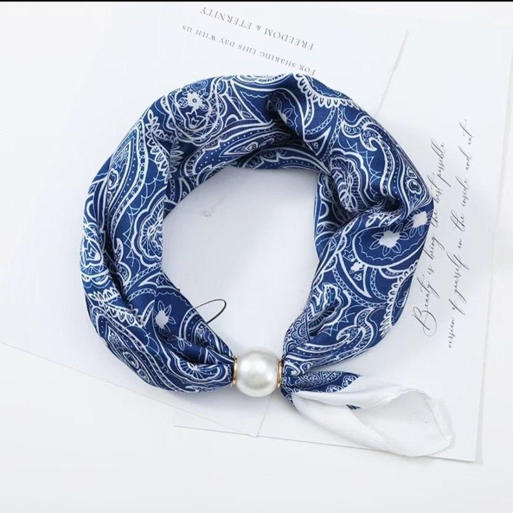 Fashion Pearl Buckle Silk Scarf Printed Soft Neck Scarf Lightweight Thin Neckerchief Women