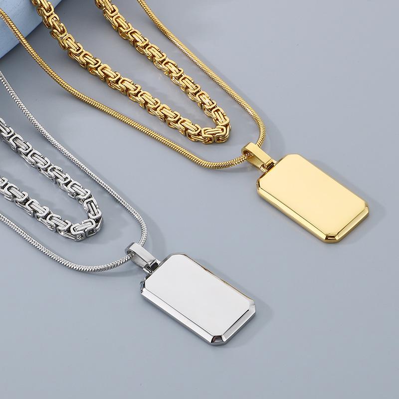 Creative Double Link Square Pendant Necklace Men's Women Hip Hop Shiny Stainless Steel Byzantine Chain Accessories Trend Gift