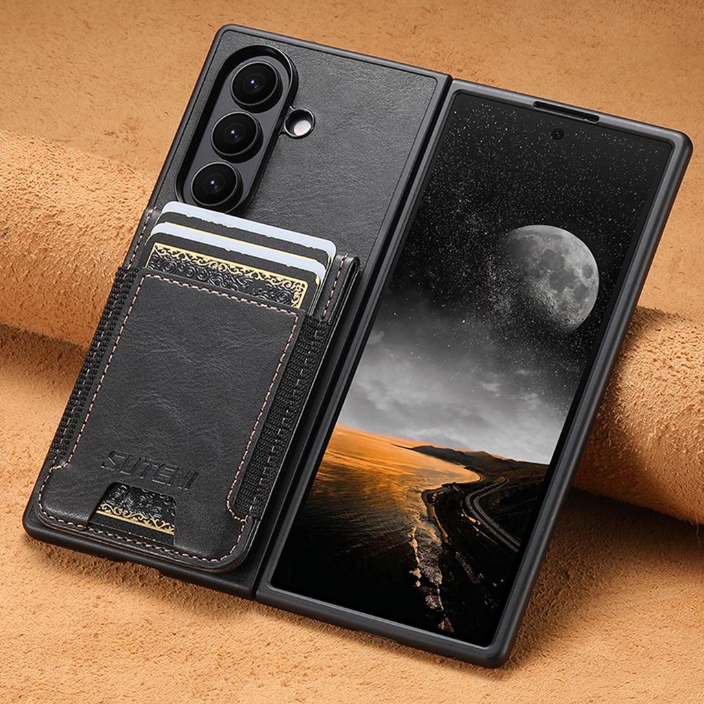 SUTENI Leather Case for Samsung Z Fold 5/6/7: Oil Wax Texture, Card Slot, Elastic Band, Stand Function.