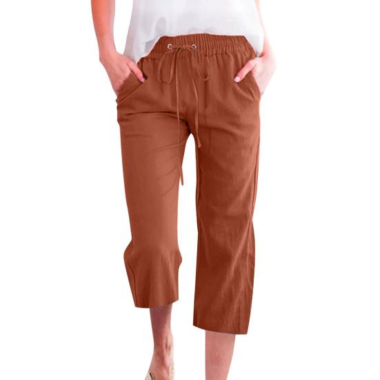 Женские укороченные брюки средней посадки с эластичной талией, регулируемые повседневные брюки на шнурке с карманами, свободные летние брюки