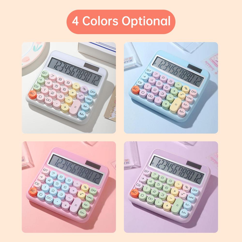 Mechanical Calculator 12 Digit Large LCD Display Big Round Button 15 degrees Tilt Screen Cute Colored Dual Power Supply Calculator Suitable for