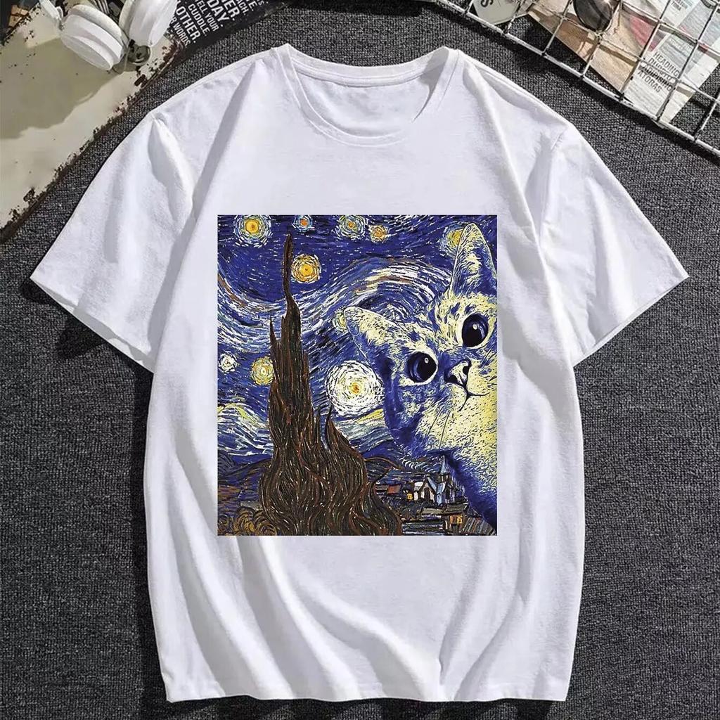 Unisex Casual Creative Cat Graphic Print Round Neck T-shirt, Summer Oversized Loose Tee Clothing Plus Size Unisex