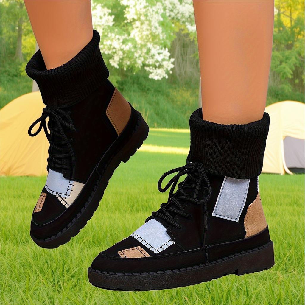 Beige & Blue Plaid Chunky Low Heel Lace-Up Ankle To Mid-Calf Booties - Round Toe Casual Winter with Sole & Fabric Upper