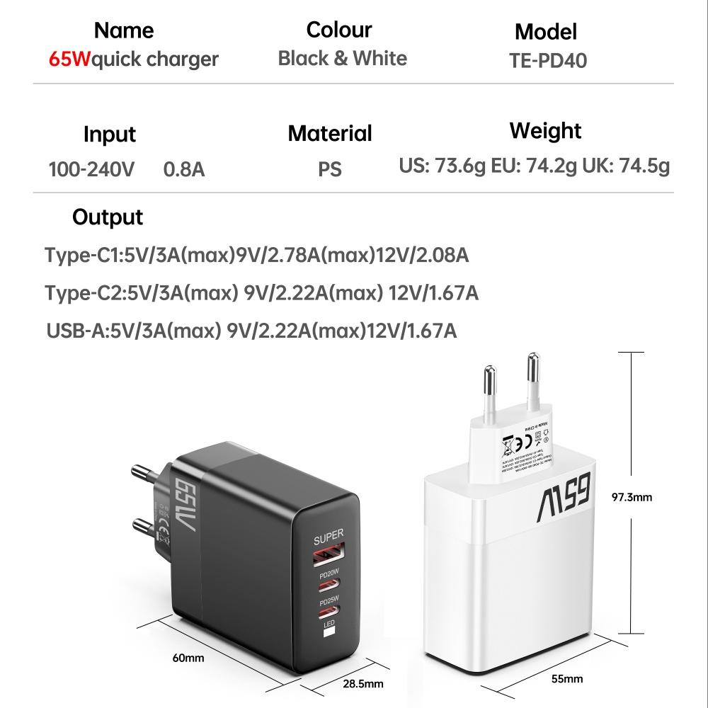Всего 65 Вт USB C зарядное устройство супер быстрая зарядка Type C PD мобильный телефон настенный адаптер для iPhone 16 Pro Max Xiaomi Samsung S24