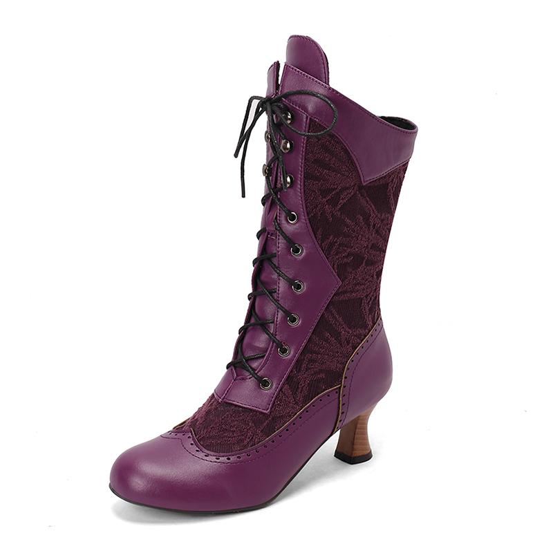 Женский костюм Косплей Обувь Ретро Ботинки до середины икры Выгоревшие Каблуки-рюмочки Передняя шнуровка Лоскутные ботинки
