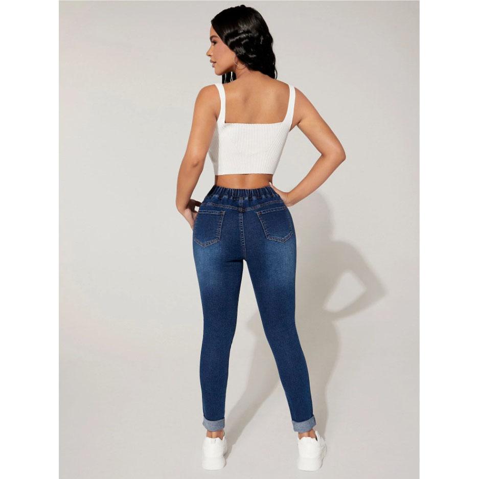 Women's Spring and Autumn Drawstring Elastic Waist Denim Jeans High Waist Stretch Pencil Pants Pantalones