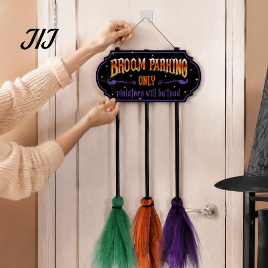 Reusable Farmhouse Entrance Signs Halloween Broom Parking Sign with 3 Witch Brooms, Hocus Pocus Themed Wooden Sign, Lightweight Seasonal Hanging Props