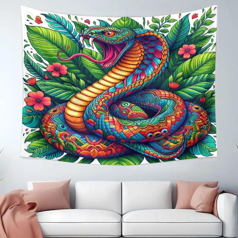 Snake Coils Around the Flower Bed Digital Printing Polyester Wall Tapestry Suitable for Use In Living Rooms Bedrooms Bars Party