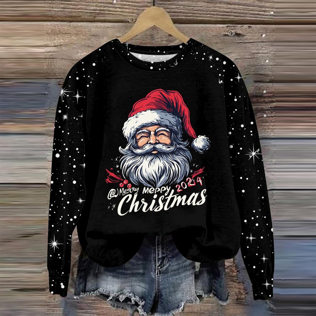 Women's Fashion Round Neck Pullover Plunging Sleeve Tee Christmas Printed Top